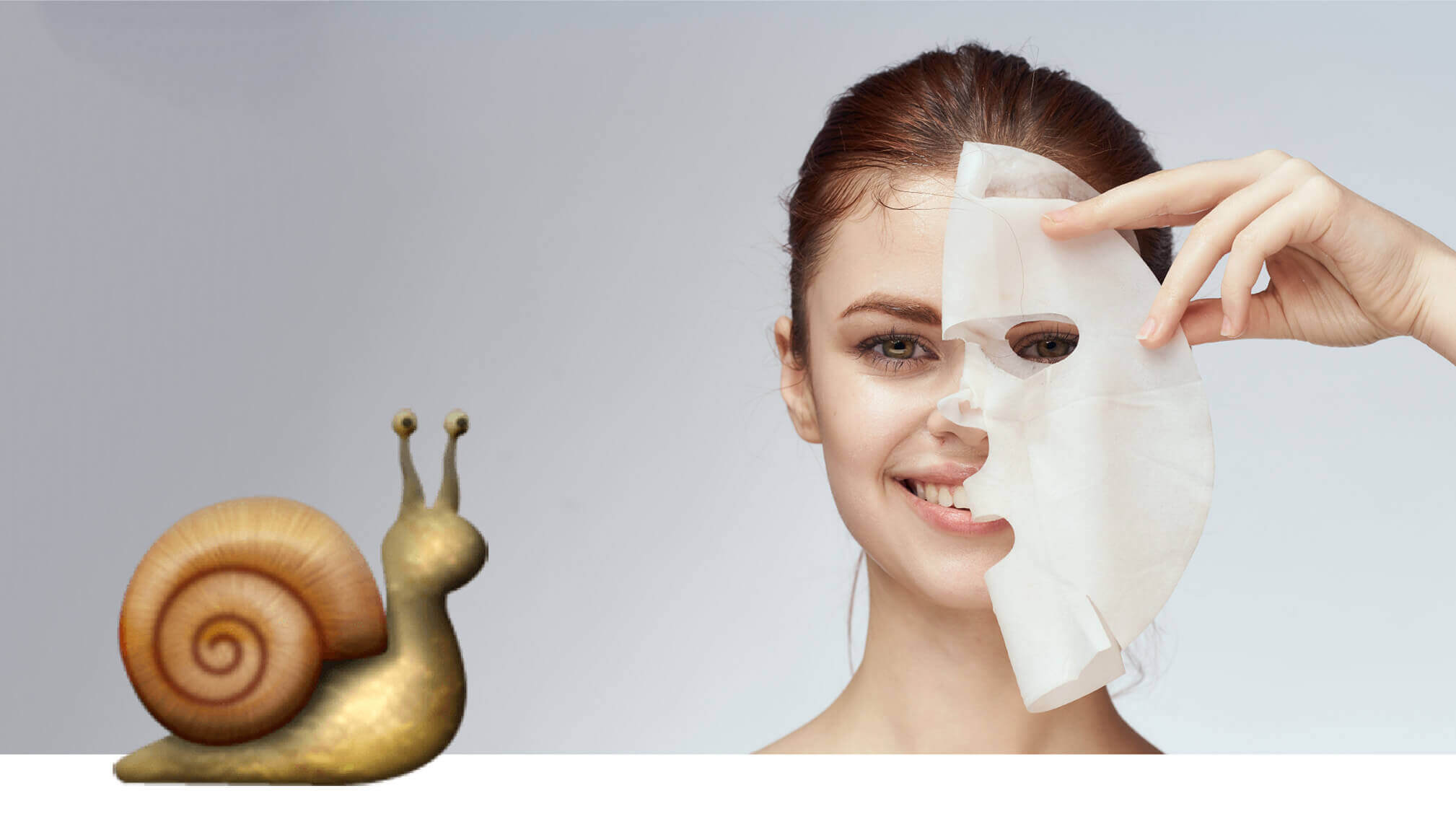 Woman holding a snail sheet mask next to face