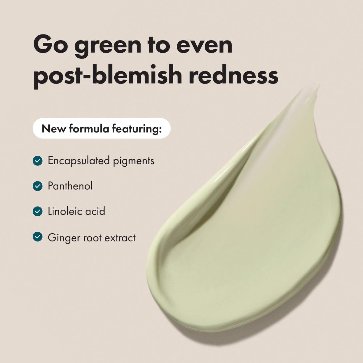 Close up of green Rescue Balm +Red Correct cream. New formula features: encapsulated pigments, panthenol, linoleic  acid, and ginger root extract.